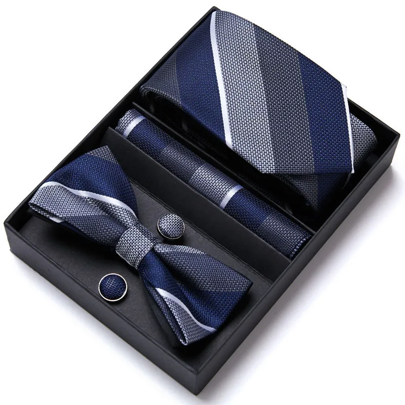 Krawatten-Set für formelle Kleidung, Smoking-Krawatte, Einstecktuch, Herren-Fliege-Set, Seide, gestreift, für Party, Bräutigam, Hochzeit, Schmetterlingsfliege in Box 230210