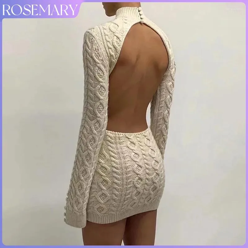 Casual Dresses Sexy Hollow Out Backless Sweater For Women Turtleneck 2023 Winter Bodycon Knitted Mini Dress Long Sleeve Top Polluvers