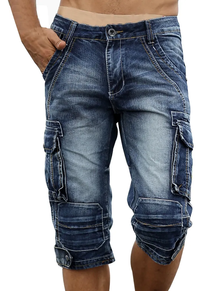 Herr jeans sommar retro last shorts casual Bermuda homme manlig mode tvättad denim byxa Big Pocket Croped Jean 230211