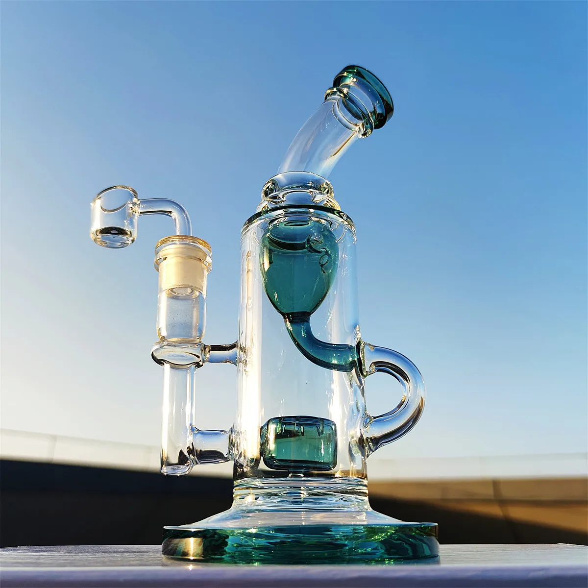 2022 Twin Chamber Heady Bong Teal 9Inches Hookah Glass Bong Dabber Rig Recycler Pipes Water Bongs Smoke Pipe 14.4mm Female Joint with Regular Bowl