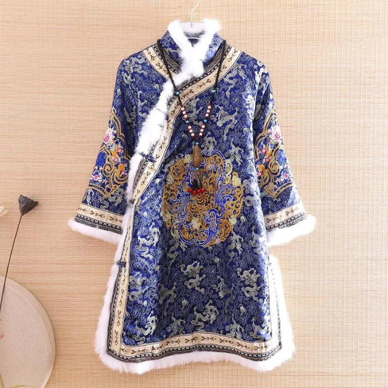 Ethnic Clothing High-end Autumn Winter Women Midi Coat Top Chinese Style Retro Jacquard Elegant Loose Lady Warm Trench Female S-XXL