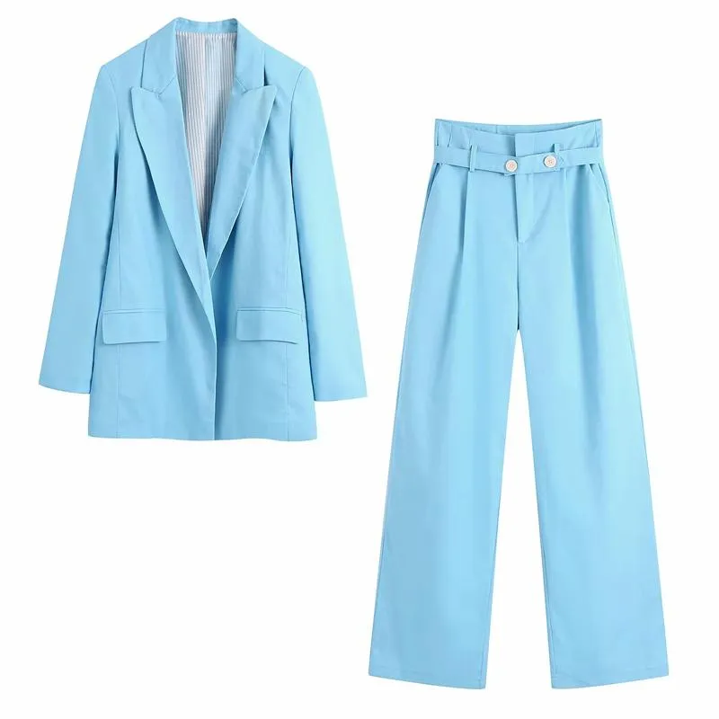 Women's Suits & Blazers Woman Fashion Linen Blazer With Printed Cuffs Women Lapel Collar Long Sleeves Coat Sky Blue Flap Pockets Chic TopsWo