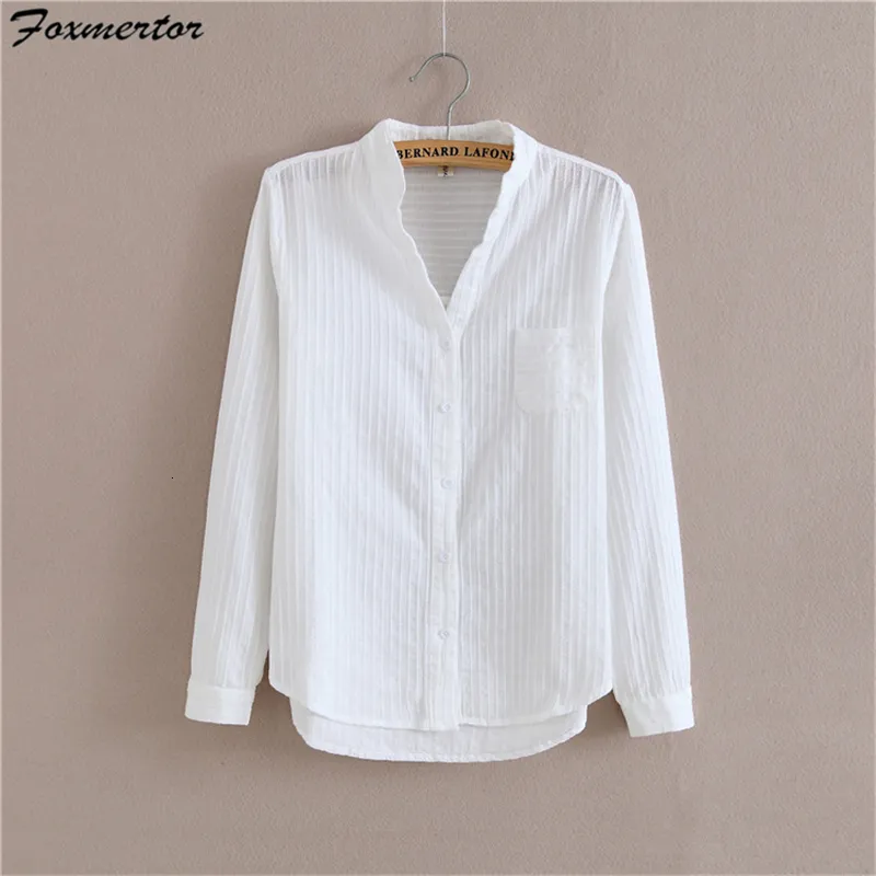 Blouzen voor dames shirts FoxMertor 100% katoenen shirt hoogwaardige vrouwen blouse herfst lange mouw vaste witte shirts slanke vrouwelijke casual dames tops 230211
