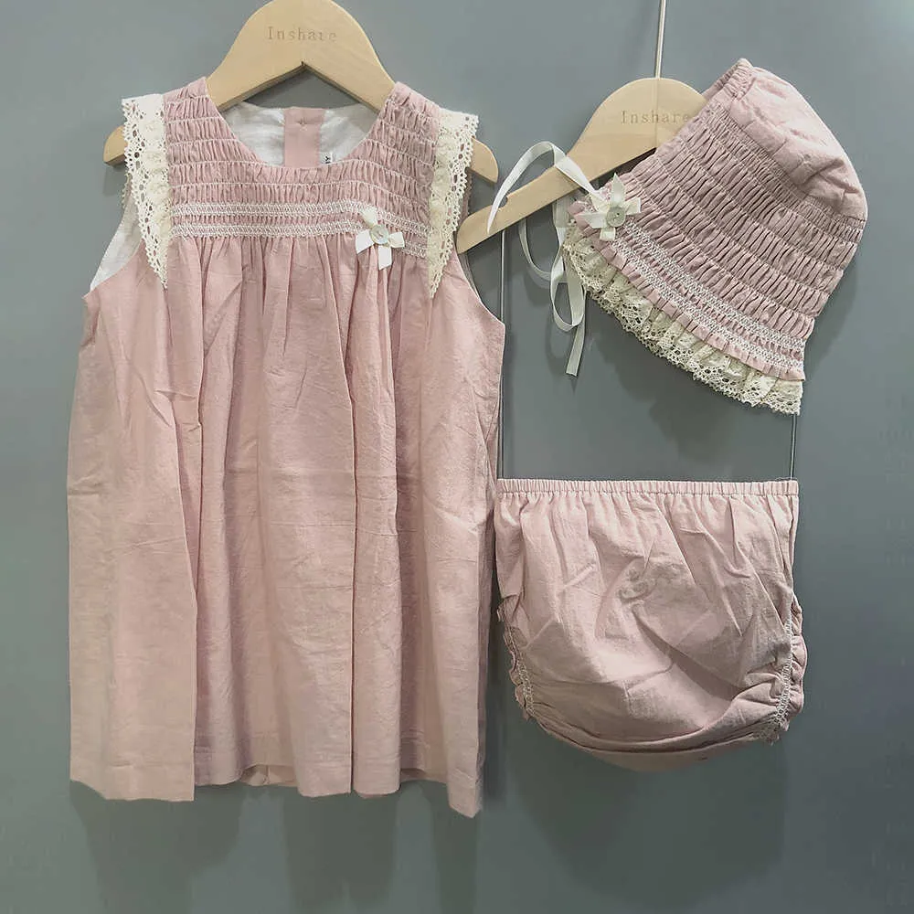 Roupas conjuntos de roupas PCs Meninas de meninas definidas rosa sem mangas de algodão Smocked com shorts e chapéu para o meu vestido de batizador de babi Princesa fofa