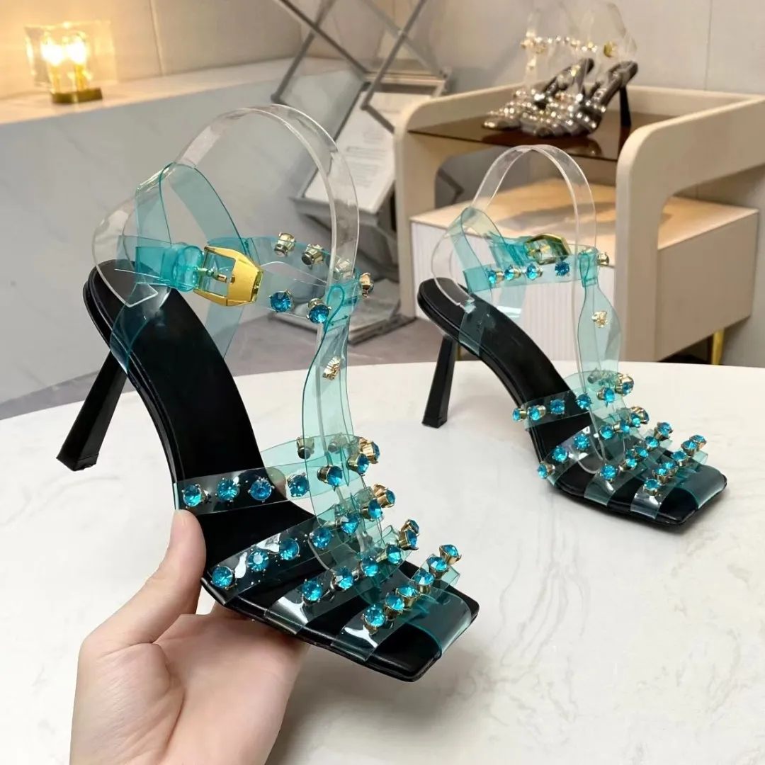 Sandals rhinestones high heels square toe transparent cross ribbons dinner classic designer summer open-toed green womens dress ankle strap 35-42 with box