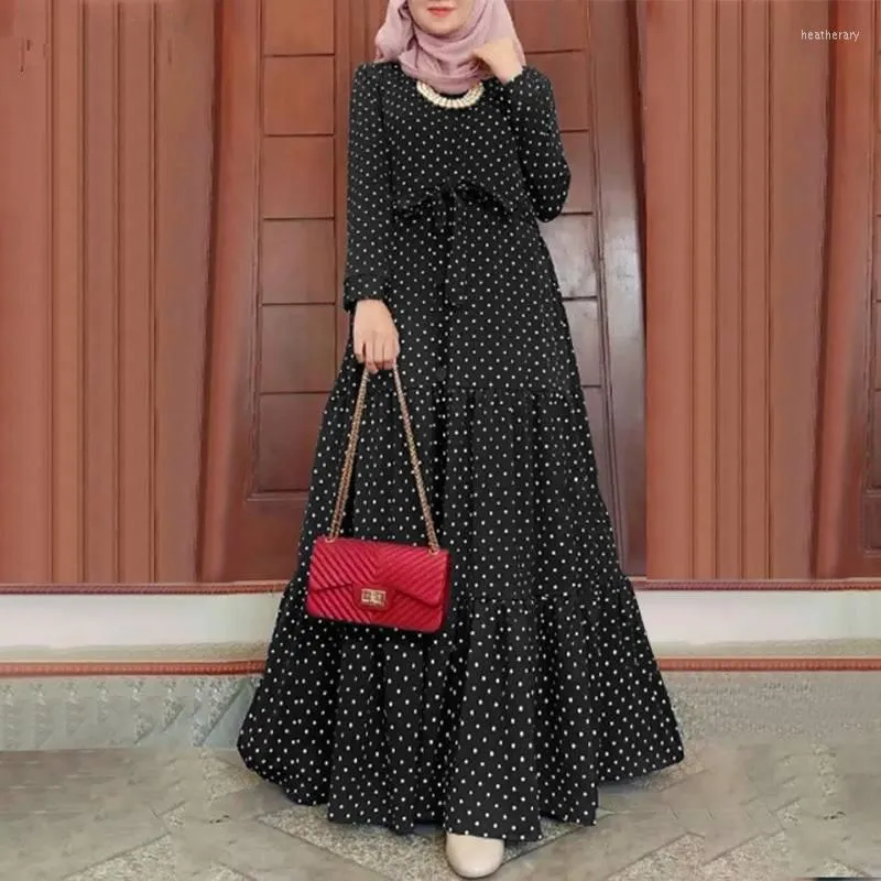 Ethnische Kleidung ZITY Frauen Polka Dot Langarm Kleid Stilvolle Gürtel Party Robe Lose Maxi Muslimischen Kaftan Sommerkleid Marokko Abaya Hijab