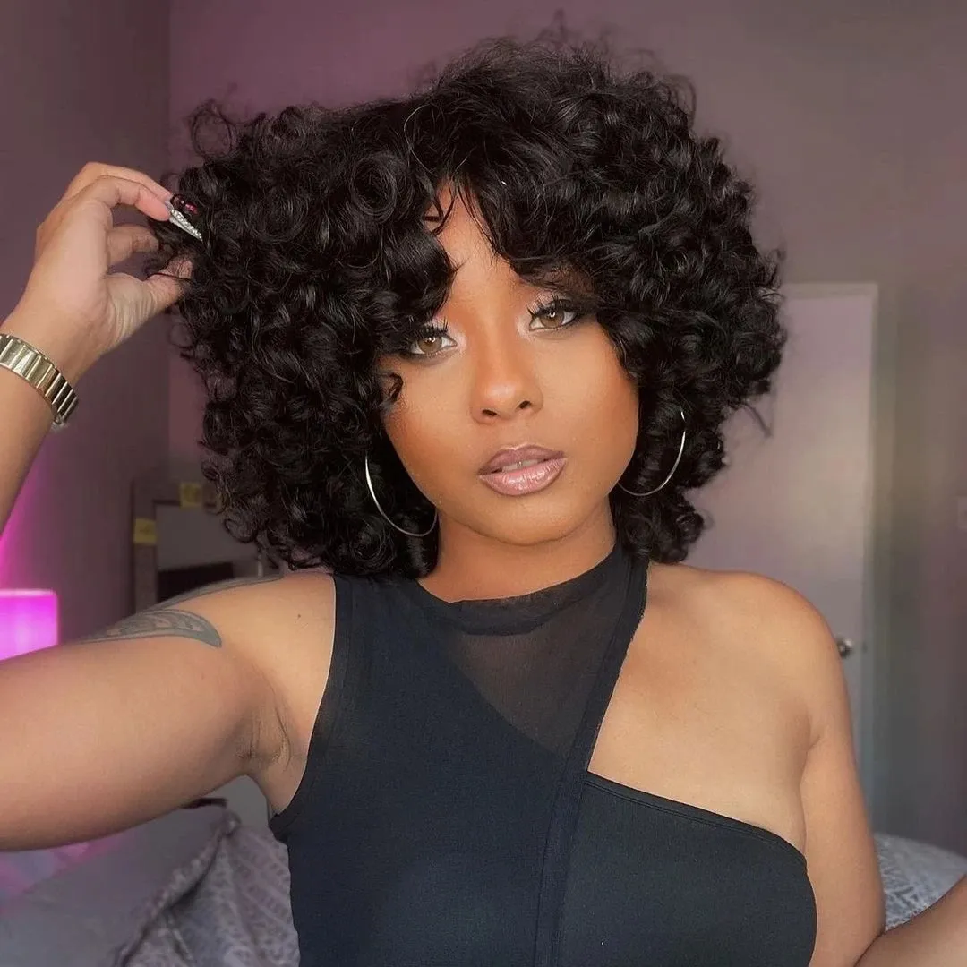 Rose Curly Fumi Human Human Wig com franja Full Machine Feia Deep Wave Short Bob para mulheres negras ￁gua Virgem Virgem Pixie Cut Hot Bouncy Curls Fluffy Natural Black 1b