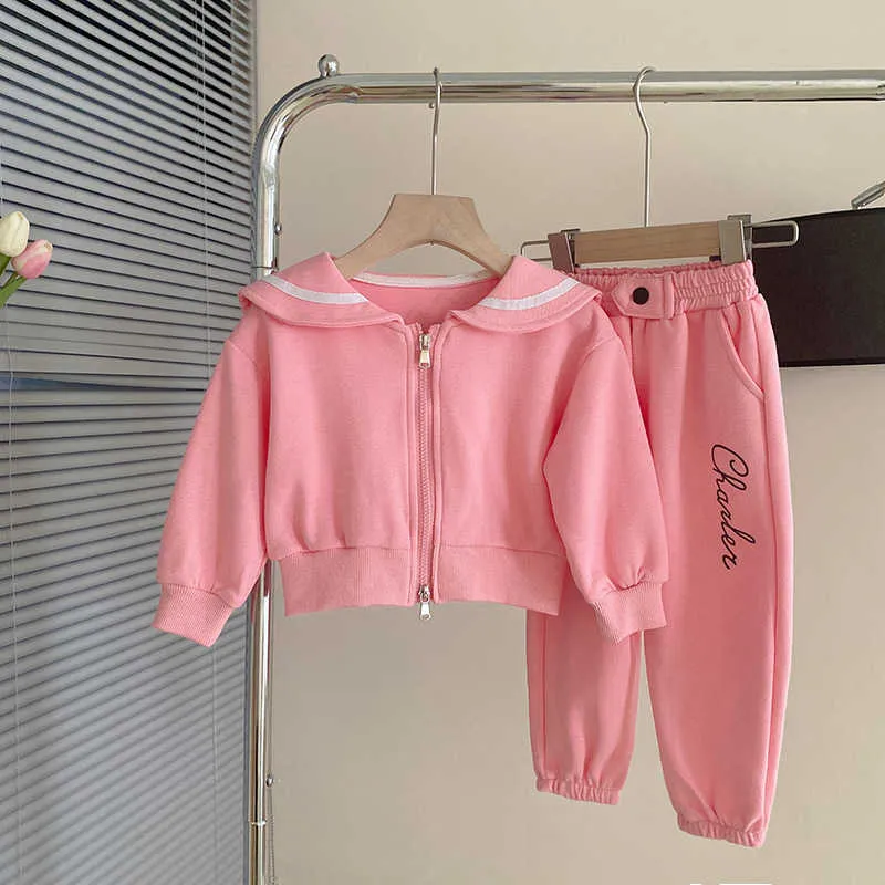 Giyim Setleri Sweatshirt Trailsuit Costum Bahar Sonbahar Çocuklar Kız Fermuar Donanma Yakası Karikatür Günlük Spor Takım Toddler Kız Giysileri Set