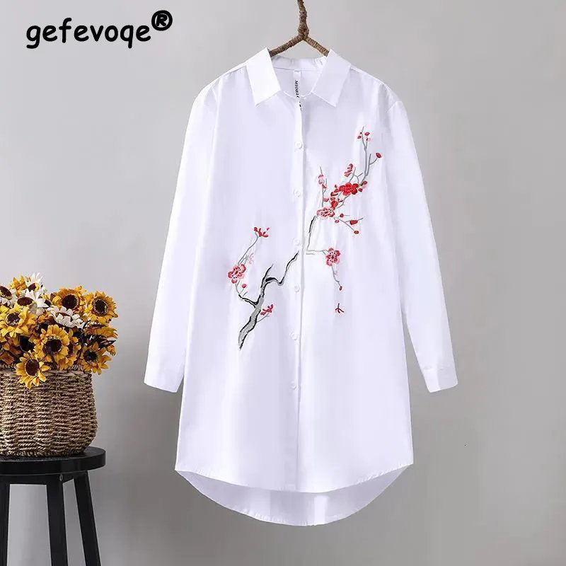 Women's Blouses Shirts Spring Autumn Oversized Lapel White Embroidery Cotton Shirt Lady Elegant Fashion Buttons Cardigan Top Women Loose Casual Blouse 230211