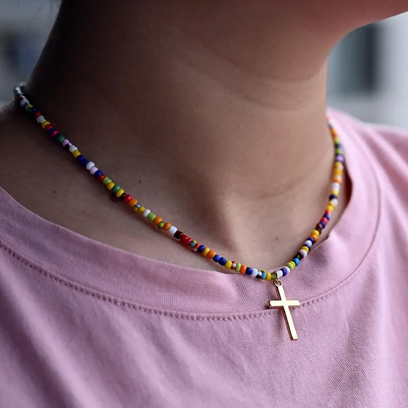 Choker Chokers Seed Pärlor Cross Pendant Necklace Women String Collar Charm Handmade Summer Strand Jewelry Girls GiftSchokers