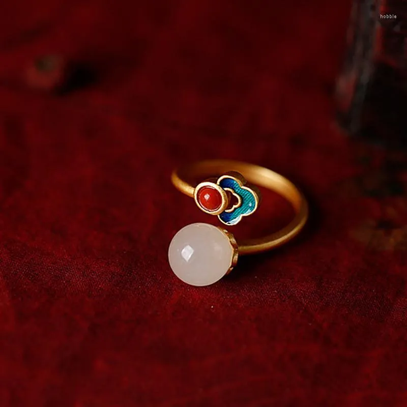 Bröllopsringar Vintage Gold Color Ring White Round Kan Jade Blue Emamel Flower Opening for Women Boho Engagement Smycken