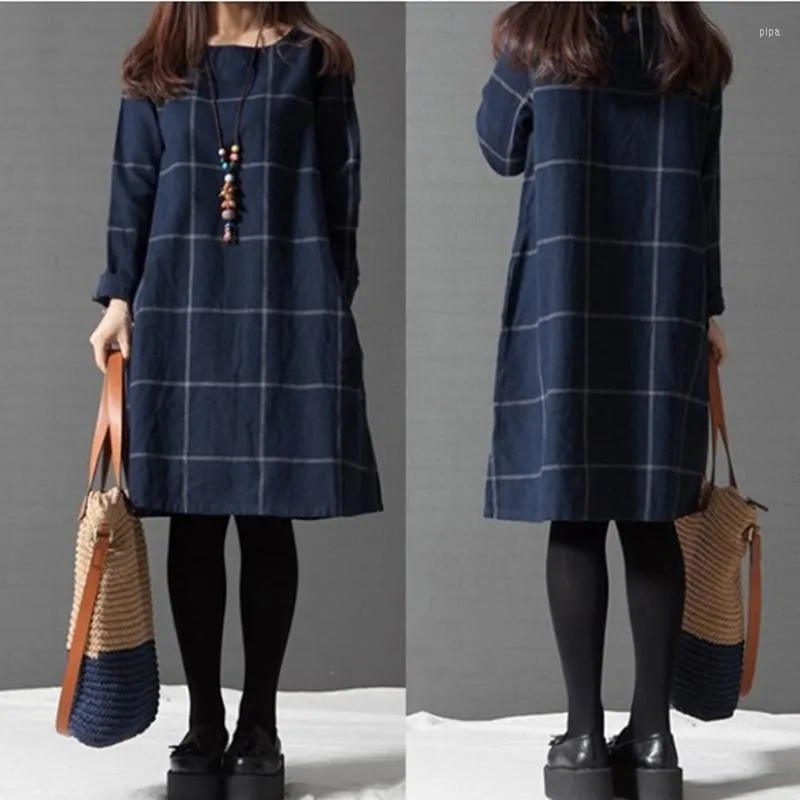 Casual Dresses Women Winter Dress Långärmad bomullslinne Autumn Kne-Length Plaid Shirt Vestidos Robe Mujer