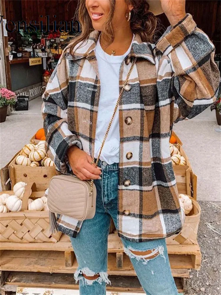 Women's Blouses Shirts Spring Plaid Shirt Women Oversized Checkered Vintage Shirt Loose Casual Blouse Female Long Sleeve Button Tops Chaqueta Mujer 230211