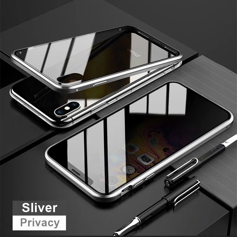 Magnetic Tempered Glass Metal Privacy Case For iPhone 11 12 13 14 Pro Max Anti-Spy 360 Protective Cover