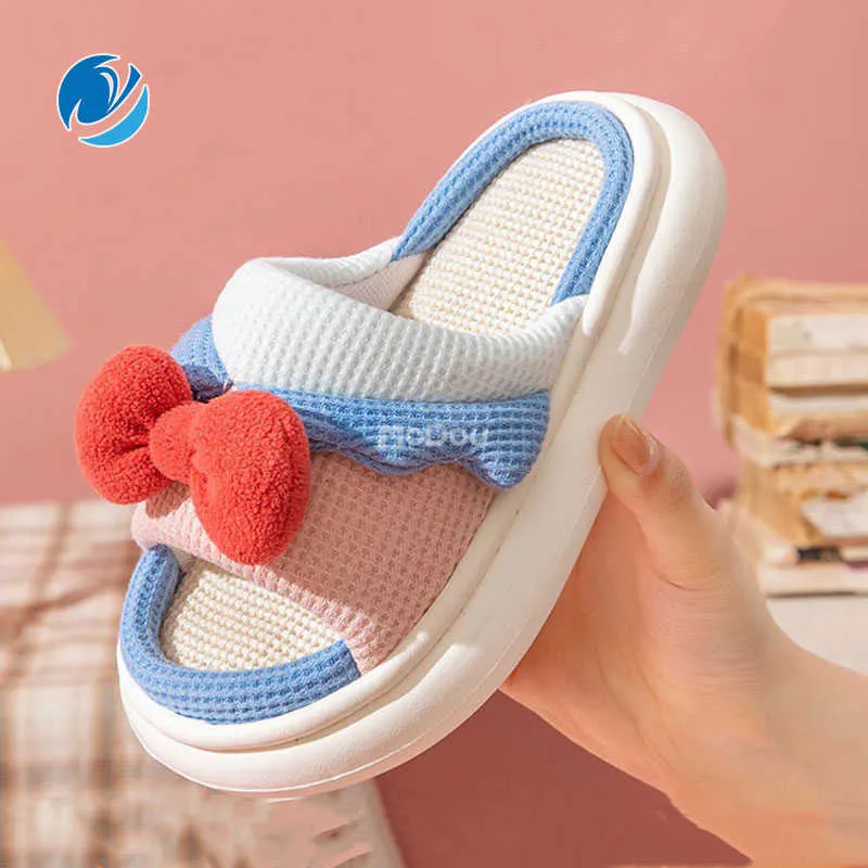 Slippers Mo Dou 2022 Spring New Cute All Season Linen Women Home Slippers Antiskid Men Home Cotton Shoes Kids Kids Slippers R230208