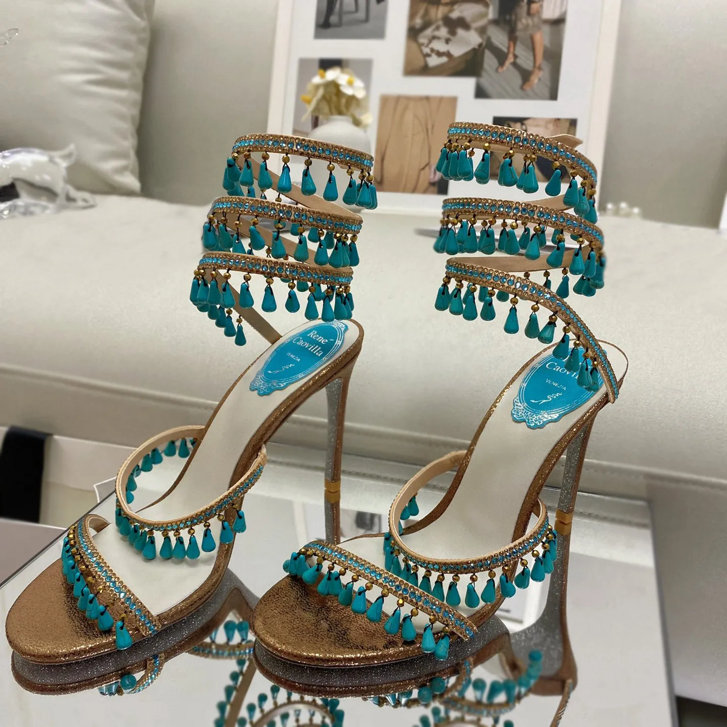 Rene caovilla Chandelier Jeweled crystal-embellished sandals leather stiletto Heels women heeled shoes Luxury Designers Ankle Wraparound shoe factory footwear