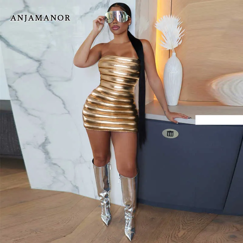 Casual Dresses ANJAMANOR Tube Top Backless Bodycon Dresses for Women Sexy Clubbing Outfits Metallic Gold Silver Strapless Mini Dress D48-DC36 T230210