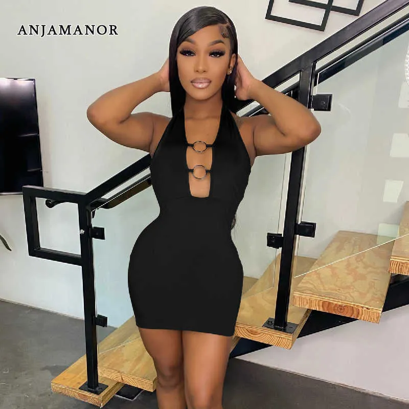 Casual Dresses Anjamanor Sexig grimma Backless Bodycon Dress Summer 2023 Fashion Party Night Club Outfits For Women Black Mini Dresses D36-AI15 T230210