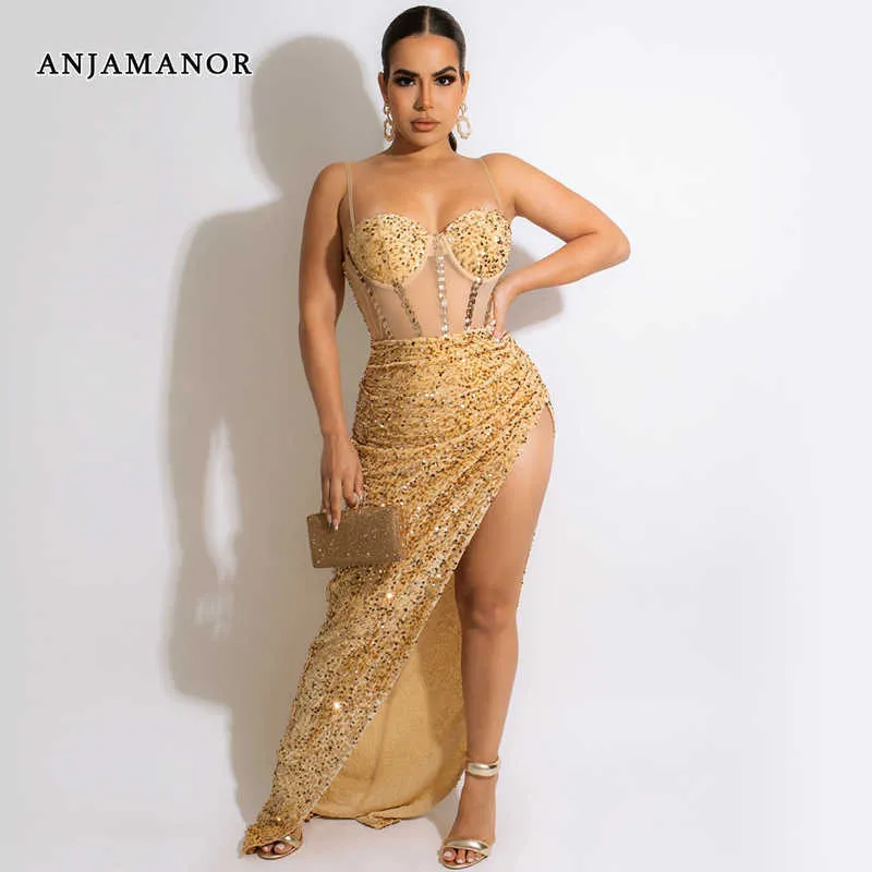 Robes décontractées Anjamanor Robes de soirée à paillettes sexy pour femmes robes de fête de fête irrégulières à haute division corset maxi robe D42-EF38 T230210