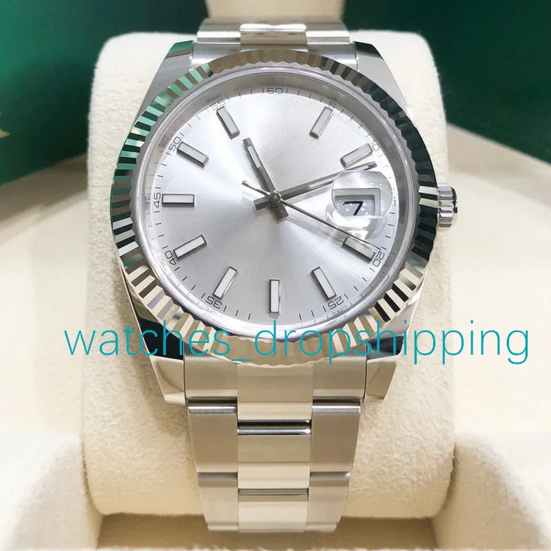 Super Quality Mens Dress Watch 41mm Silver Dial Mechanical Automatic Fluted Bezel 18k White Gold Sappire Glass President Wristwatch