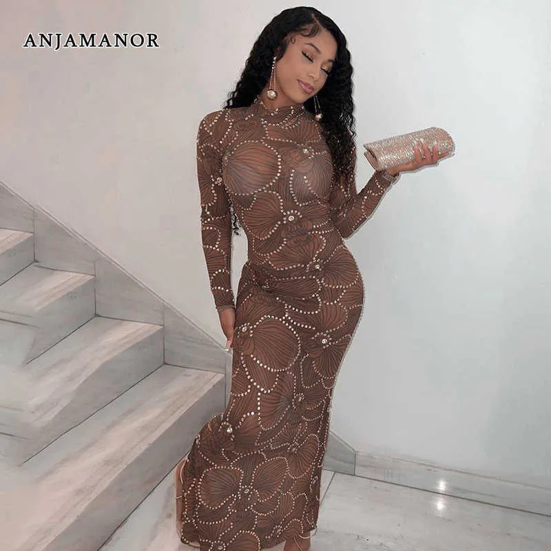 Casual Dresses ANJAMANOR Rhinestone Embellished Mesh Sexy Sheer Dress Party Evening Club Flare Hem Maxi Dresses for Women Long Sleeves D66-DG13 T230210