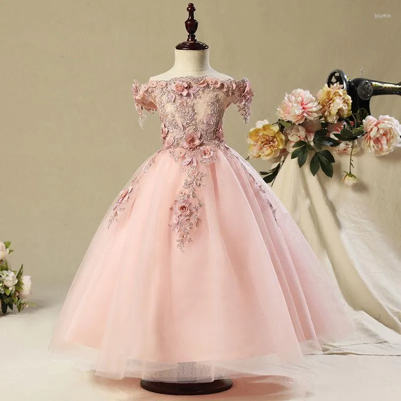Sukienki dla dziewczynek błyszcząca sukienka Komunialna luksusowe koronkowe appqulies Ultimate Rose Solens Flower dla dzieci suknia balowa Juior druhna