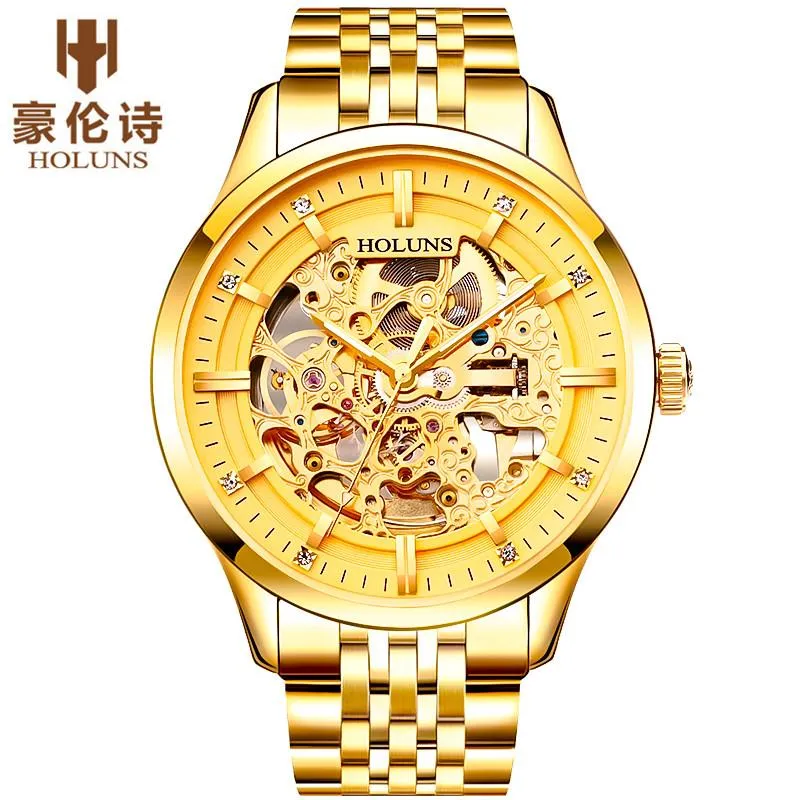 Armbandsur Holuns Mens Watches Top Automatic Mechanical Gold Watch Waterproof Stainless Steel Business Relogio Masculino