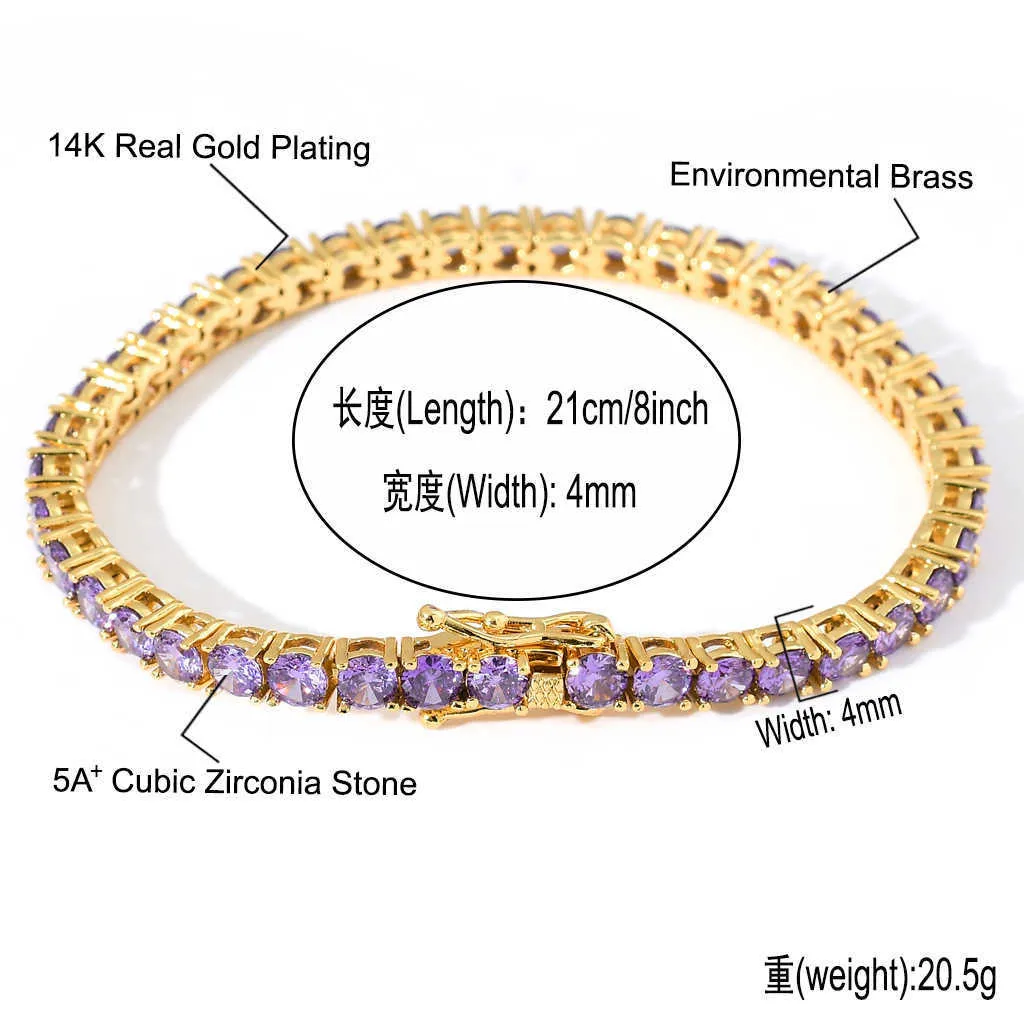 Новый 4 -миллиметровый односложенный браслет фиолетового циркона инсайс бренд 18K Platinum Luxury Full Diamond Hip Hop браслет для женщин
