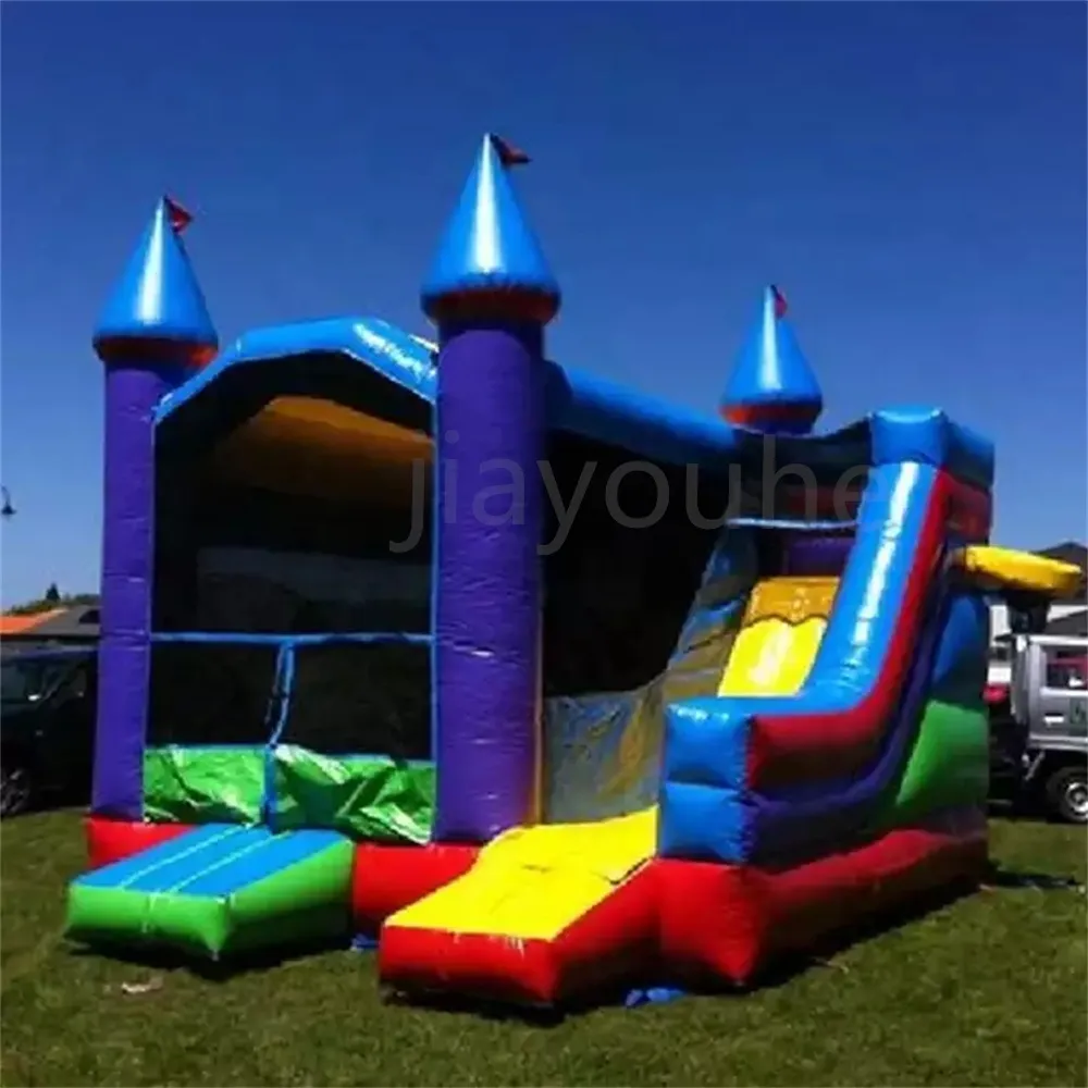 Anpassade trampoliner 4.5x4.5x3.8m uppbl￥sbart studsslottkombo Jumper House Bouncing Center med Slide Skick med fartyg till d￶rr