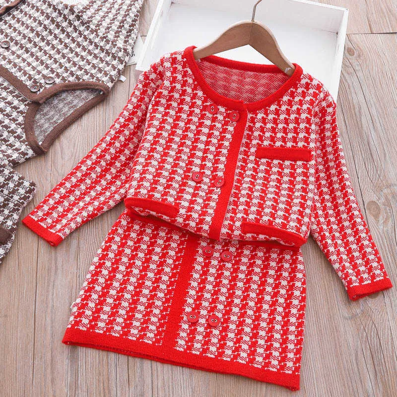 Roupas conjuntos de roupas de malha de malha de malha de natal francês conjunto novo pequeno temperamento grosso vestido twopiece roupas de menina para meninas