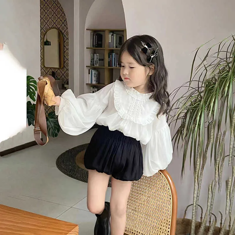 Clothing Sets Spring Autumn New Korean Chiffon Long Doll Shirt Bubble Sleeve Top Versatile Shorts Two Piece Set Kids Boutique Clothes