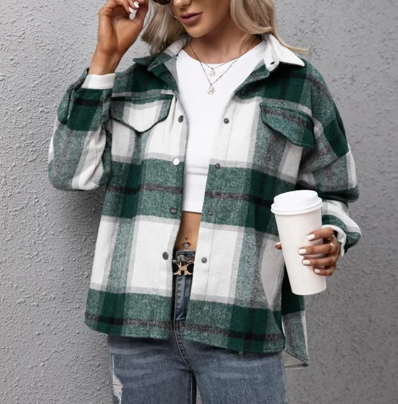 Women's Jackets Autumn Casual Plaid Shirt Women Coats Buttons Pockets Female Coat Streetwear Ladies Spring Loose OuterwearWomen's