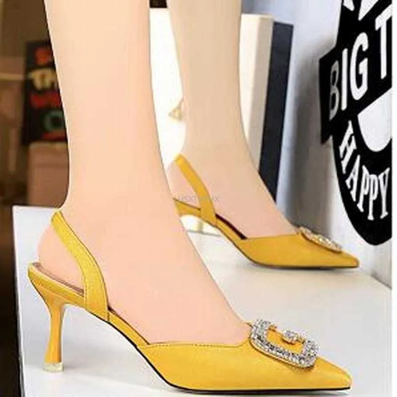 Sandalet 2022 Yaz Zarif Kadınlar 7cm Yüksek Ödül Düğün Sandalet Tasarımcısı Sığ Süet Sarı Mavi Topuklar Sandalet Rhinestone Parti Ayakkabıları G230211
