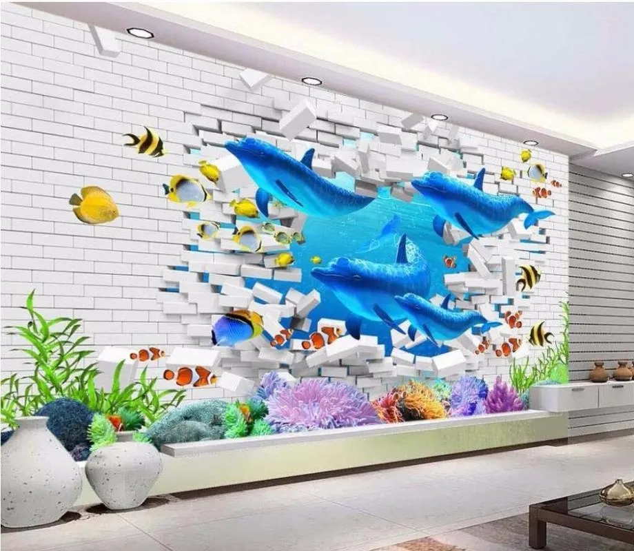 Bakgrundsbilder Anpassade PO 3D Bakgrund Brick Wall Ocean Dolphin målning papper Heminredning Väggmålningar för vardagsrum