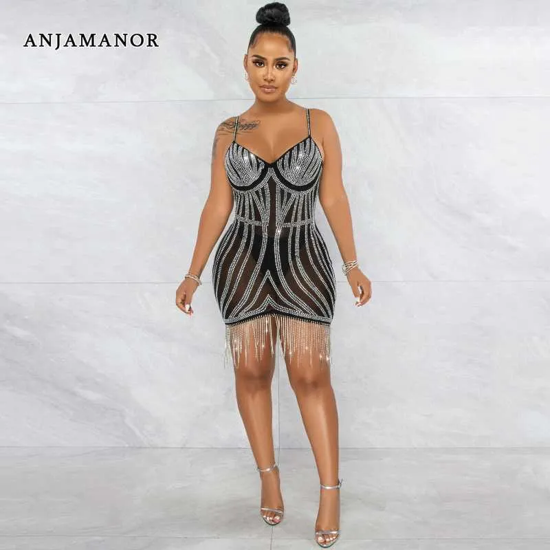 Casual Dresses ANJAMANOR Crystal Rhinestone Tassel Bodycon Mini Dress Sexy Club Wear Birthday Outfit for Women Luxury Party Dresses D42-FH24 T230210