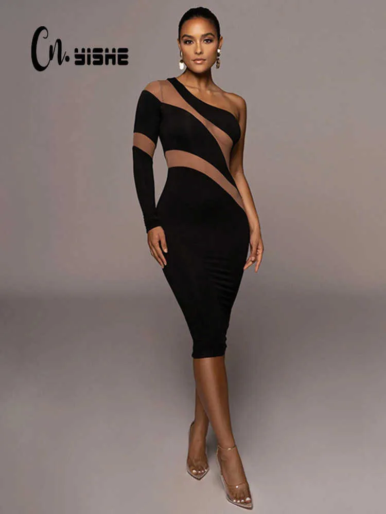 Casual Dresses Cnyishe One Shoulder Nesh Sheer Midi Dress for Women Party Club Elegant Dresses Autumn Fashion Streetwear Sexig Slim Dress Robes T230210