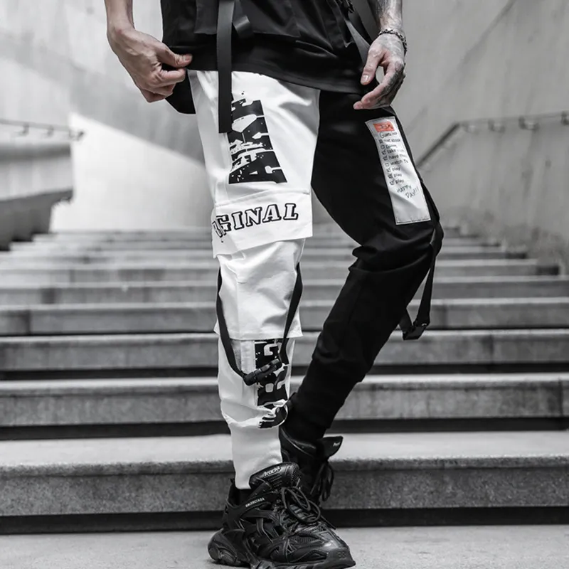 Erkekler Pantolon Erkekler Siyah Beyaz Patchwork Sıradan Teknik Giyim Kargo Pantolonu Punk Hip Hop Sokak Giyim Joggers Adam Vintage İnce Fit Sweatpants 230211