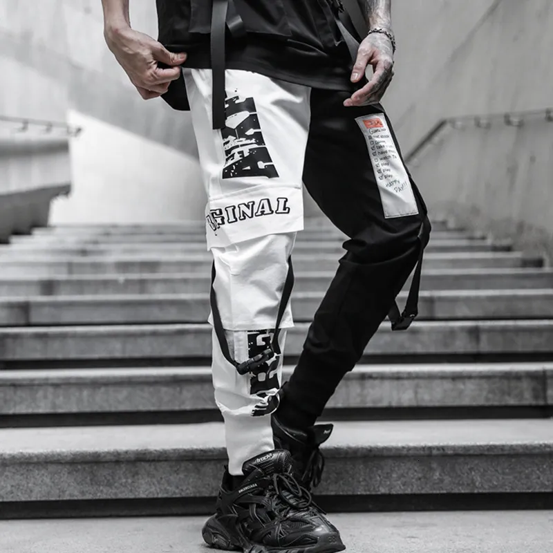 Men's Pants Men Black White Patchwork Casual Techwear Cargo Pants Punk Hip Hop Streetwear Joggers Man Vintage Slim Fit Sweatpants 230211