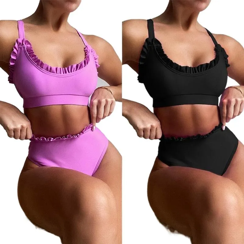 Women's Swimwear Sexy High Waist Bikini 2023 Push Up Swimsuit Pure Colour Ruffle Women Cut Bathing Suit Beachwear