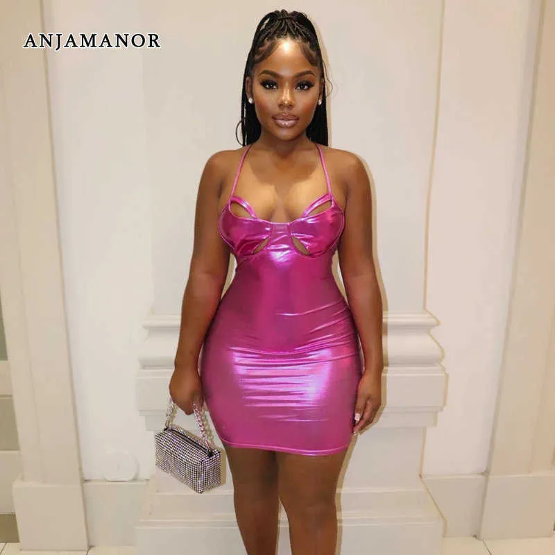 Casual Dresses ANJAMANOR Hollow Out Backless Halter Mini Dress Sexy Night Club Outfits for Women Birthday Party Dresses Summer 2023 D82-CZ14 T230210