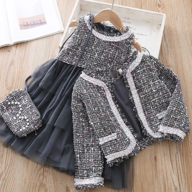 Sets Winter Girls Fashion Clothing Set children's Jacket bag Dress pieces Suit For Baby Plaid Coat Outfit Autumn Kids pretty cloths