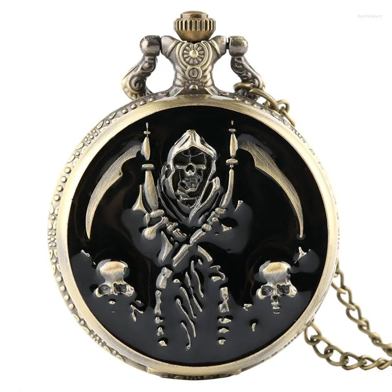 Pocket Watches Cool Black Skull Quartz Watch Necklace Pendant Fashion Ghost Retro Chain Clock Souvenir Gift Floral Rattan