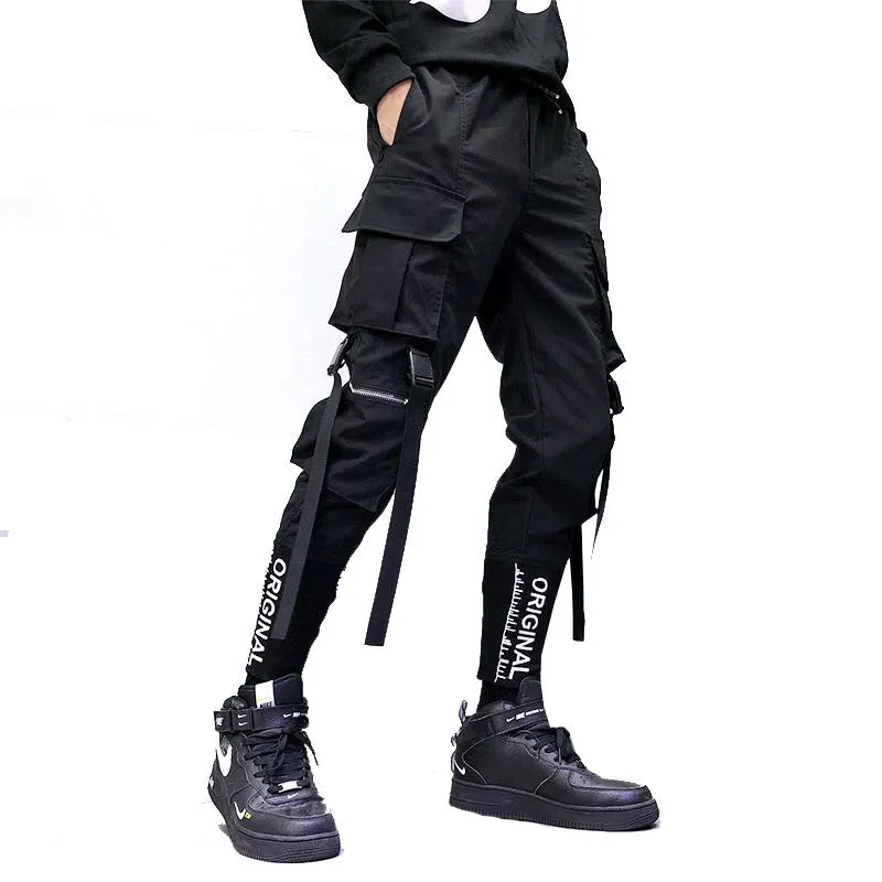 Pantalones de hombre Hip Hop Men Ribbons Cargo Pants Moda Harajuku Cintura elástica Casual Streetwear Mens Joggers Pantalones Negro 230211