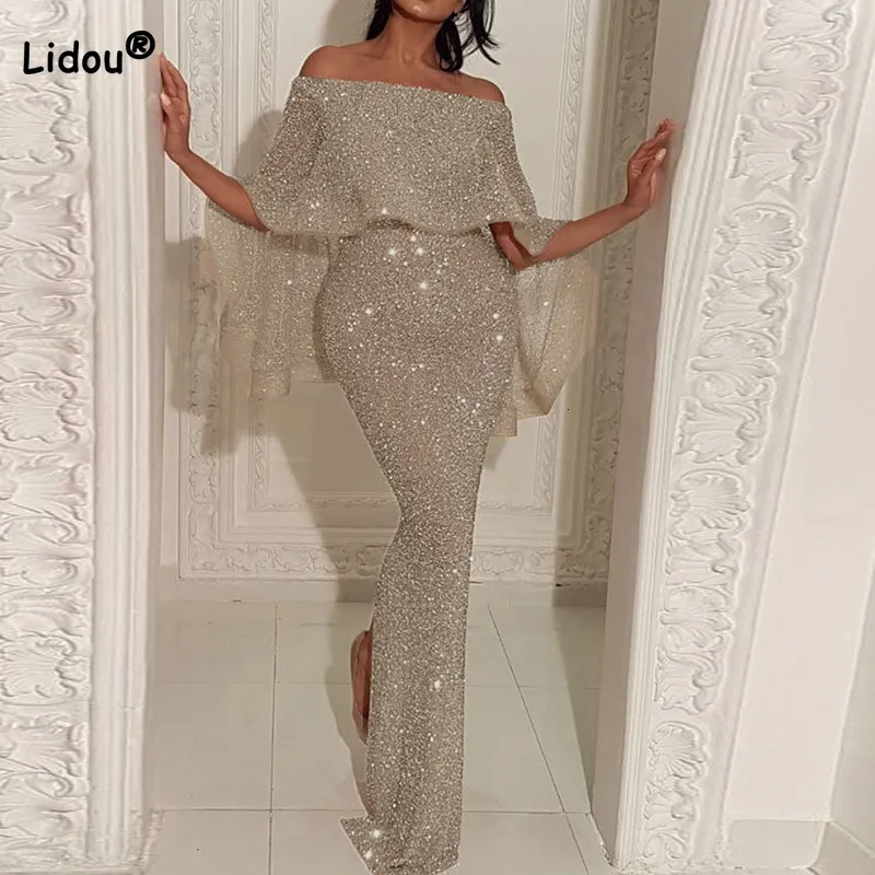 Party Dresses for Women Spring Autumn Evening Sexy One Word Shoulder Blingbling Bag Hip Sleeveless Maxi Dress Robe Femme 230211