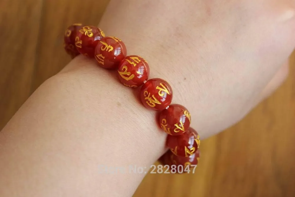 Strand Beaded Strands Tibetan Red Onyx Mantras 12mm Beads Woman Bracelets Ethnic Jewelry Om Mani Padme Hum Adjustable Girls BraceletBeaded