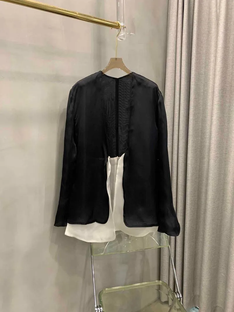 Women's Jackets Black And White Silk Jacket Collarless Design Casual Fashion Loose Comfortable Versatile 2023 Summer 0727Women's