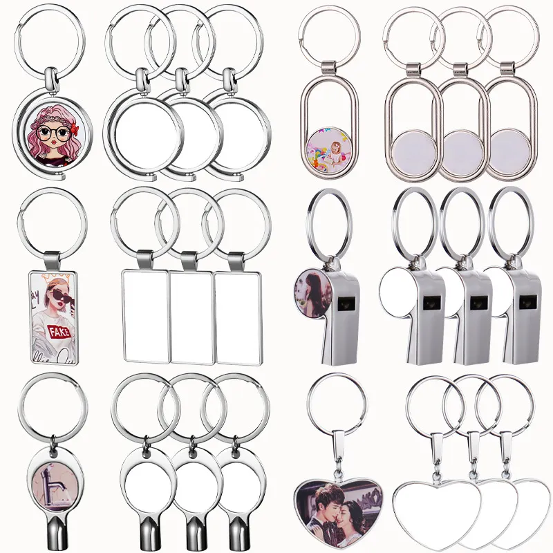 DIY Sublimation Blank Keychain Ring Round Heart Rectangle Pendant Kids Lover Gift Double-sided Heat Transfer Printing Photo Personality Keyring Chain Accessories