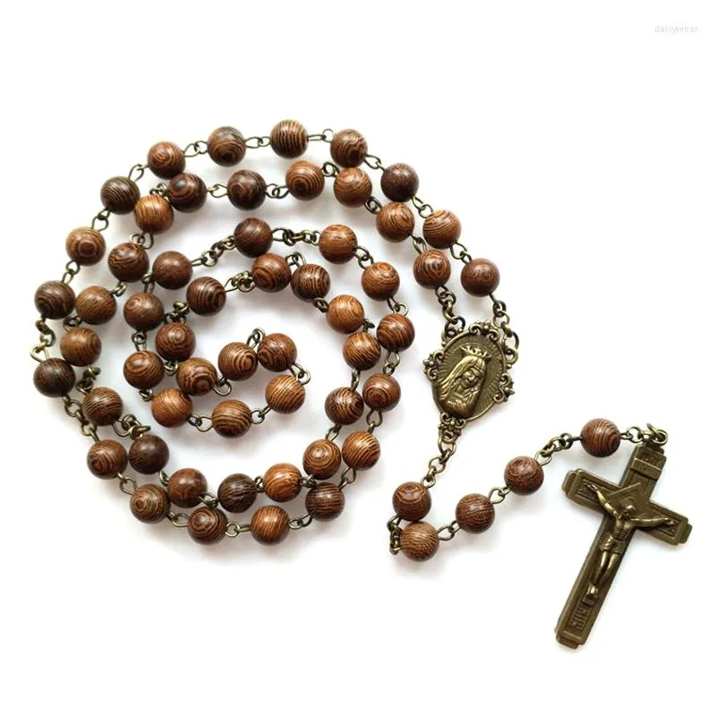 Collane con ciondolo R2LE Croce Gesù Collana in legno per uomo Donna Perline di legno Intagliato Lungo Rosario Gioielli maschili cattolici