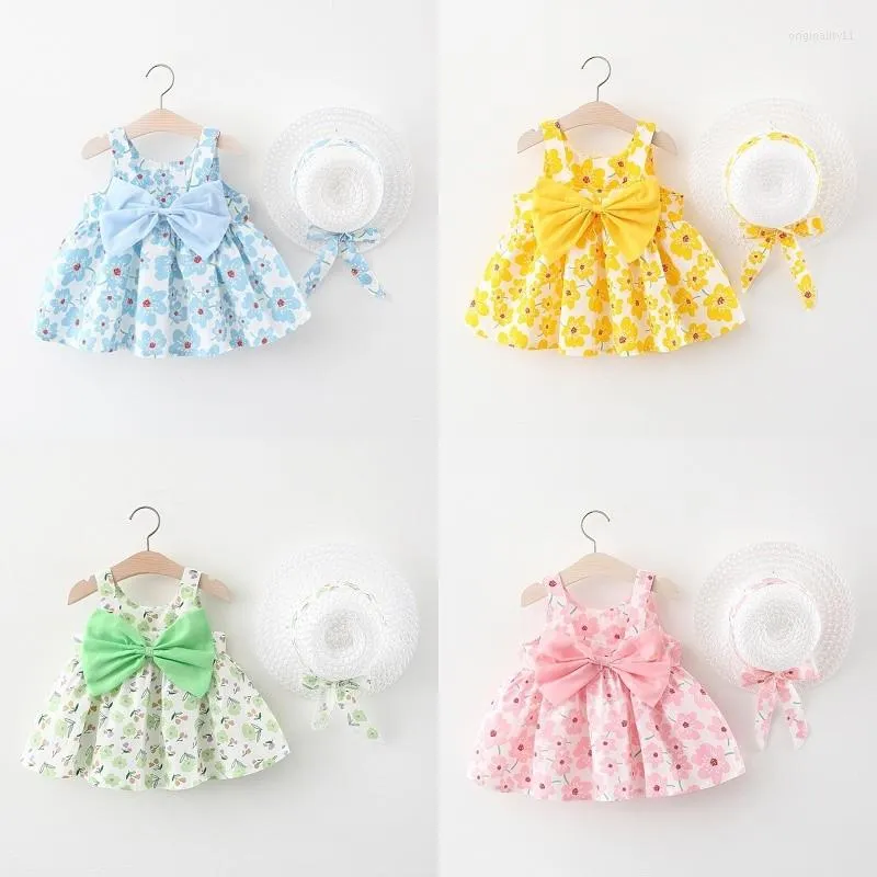 Flickklänningar 2 -stycken Summer Born Baby Clothes Set Floral Cute Print Sleeveless Princess Dress Hat Toddler Brand