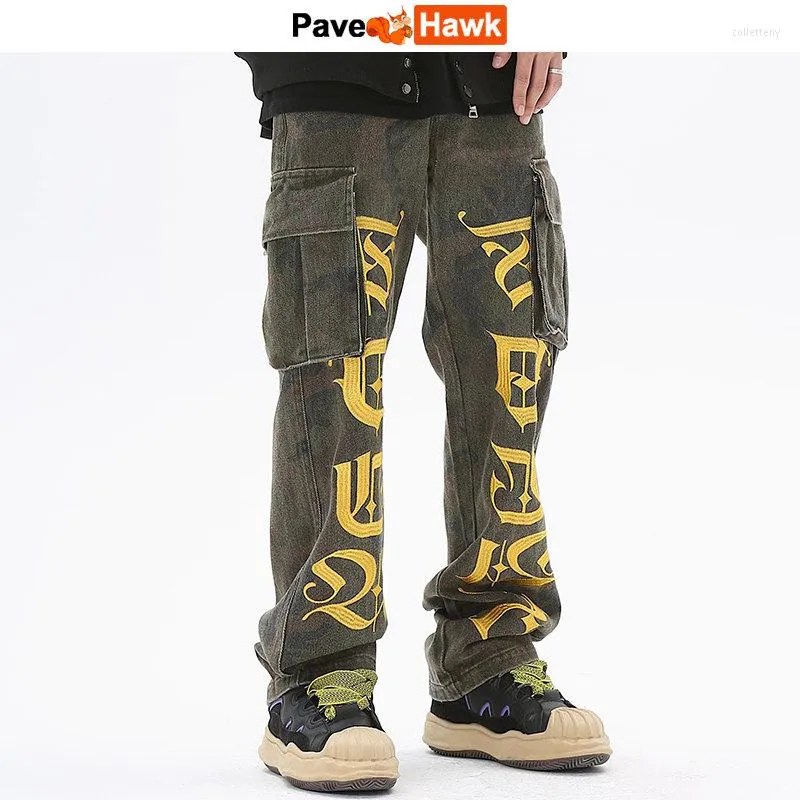 Jeans masculinos Bordados de bordados com calças de carga de camuflagem para calças de streetwear reto emendas